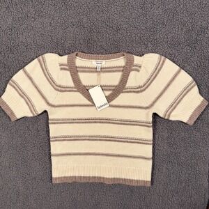 Anthropology Splendid Sweater S Hope Cream Taupe Striped Wool Cashmere V-Neck